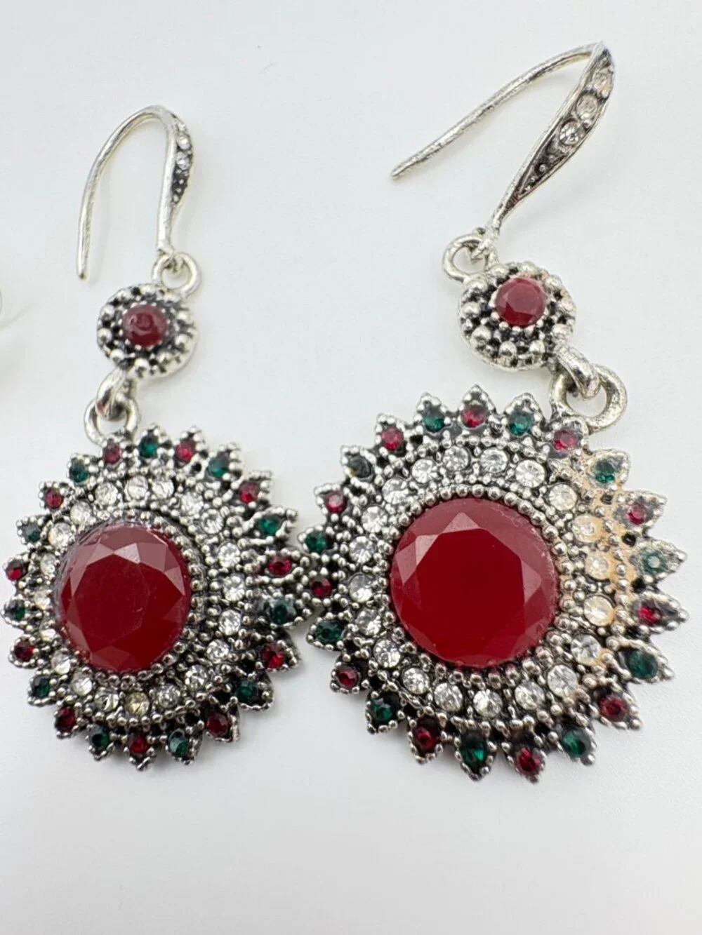 Lot of 2 Red Rhinestone Dangle Earrings Teardrop & Antique Style Mandala Drops